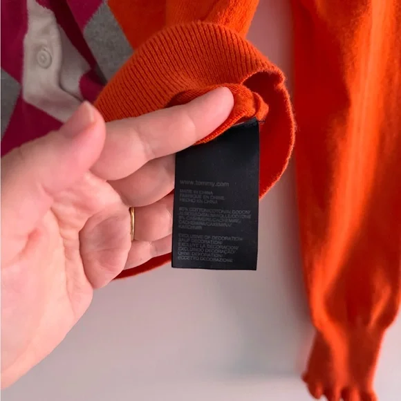 Tommy Hilfiger Argyle Cotton Cashmere Cardigan Small Orange Pink Preppy - Picture 4 of 6
